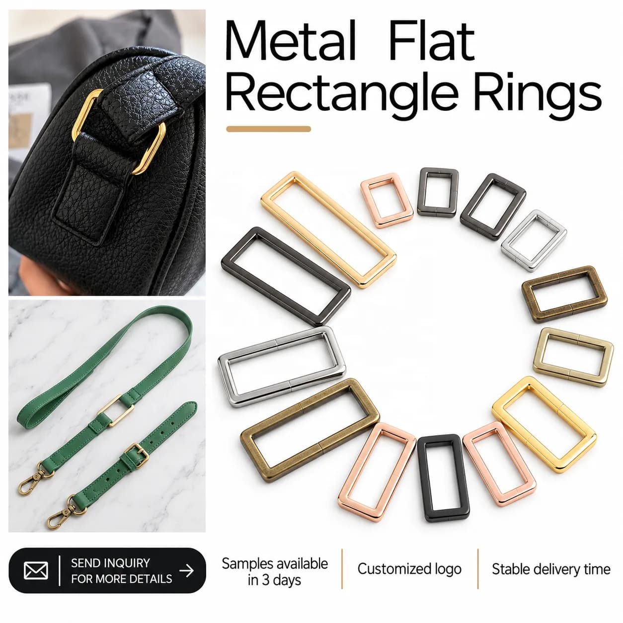 Multi Functional Light Gold Metal Flat Rectangle Solid Replace Rings Polished, front view