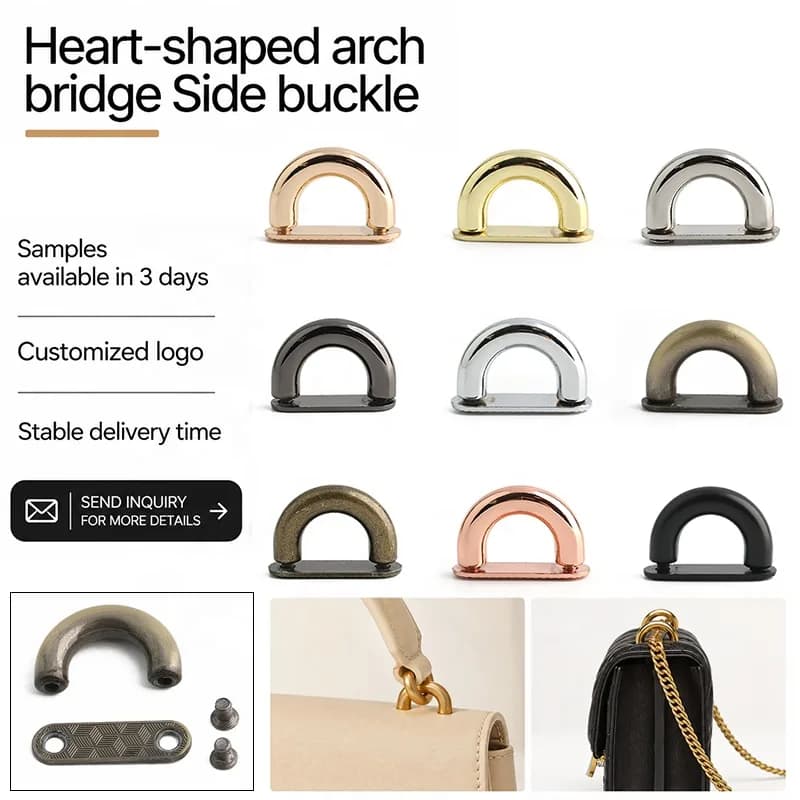 Custom Logo Zinc Alloy Arch Shape Metal D Rings Screw Back Side Strap Anchor, front view
