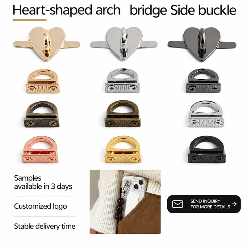 Cute Heart Shaped Prong D Rings No Sew Metal Love Heart Loops with Washers, front view