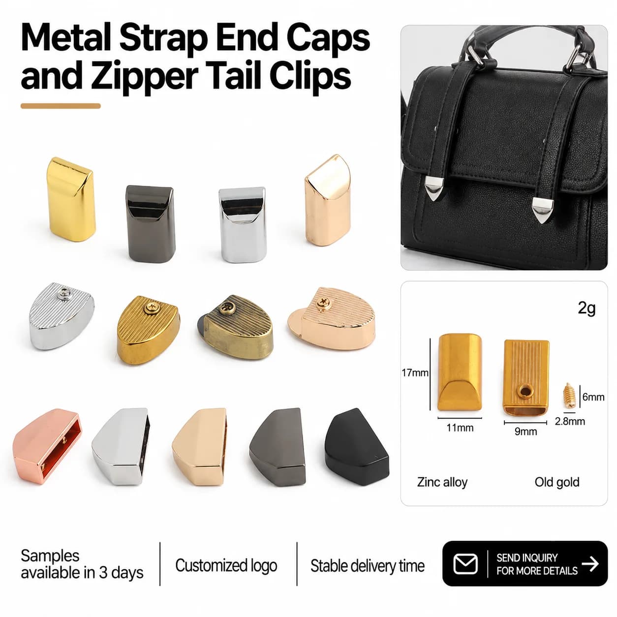 Light Gold Metal Zipper End Cap Zinc Alloy Rectangle Oval Triangle Webbing Tail, front view