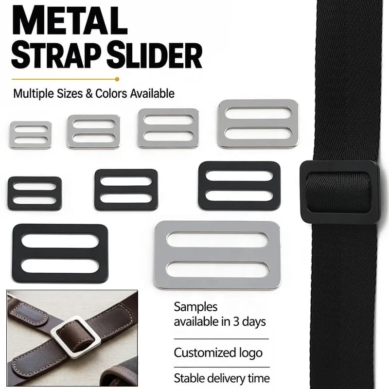 Matte Black Metal Seamless Webbing Flat Sliders Zinc Alloy Tri Glide Sliders, front view
