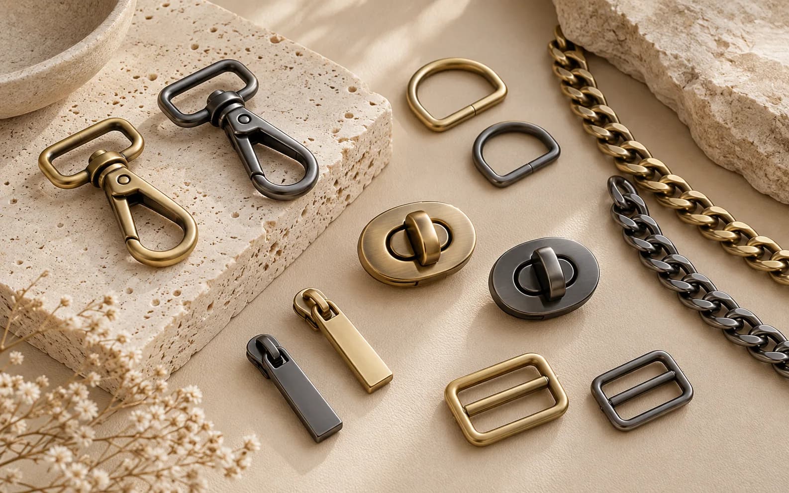 Curated bag hardware collection with hooks, clasps, chains and rings