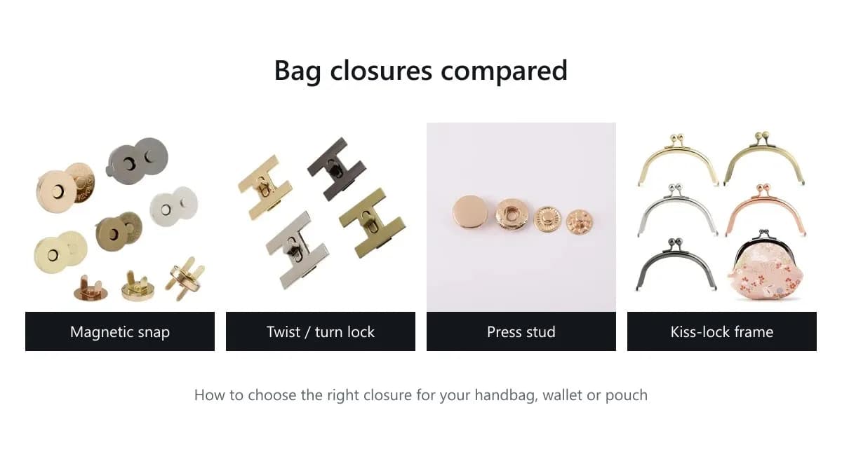 Four common bag closures side by side: magnetic snap, twist turn lock, press stud and kiss-lock purse frame