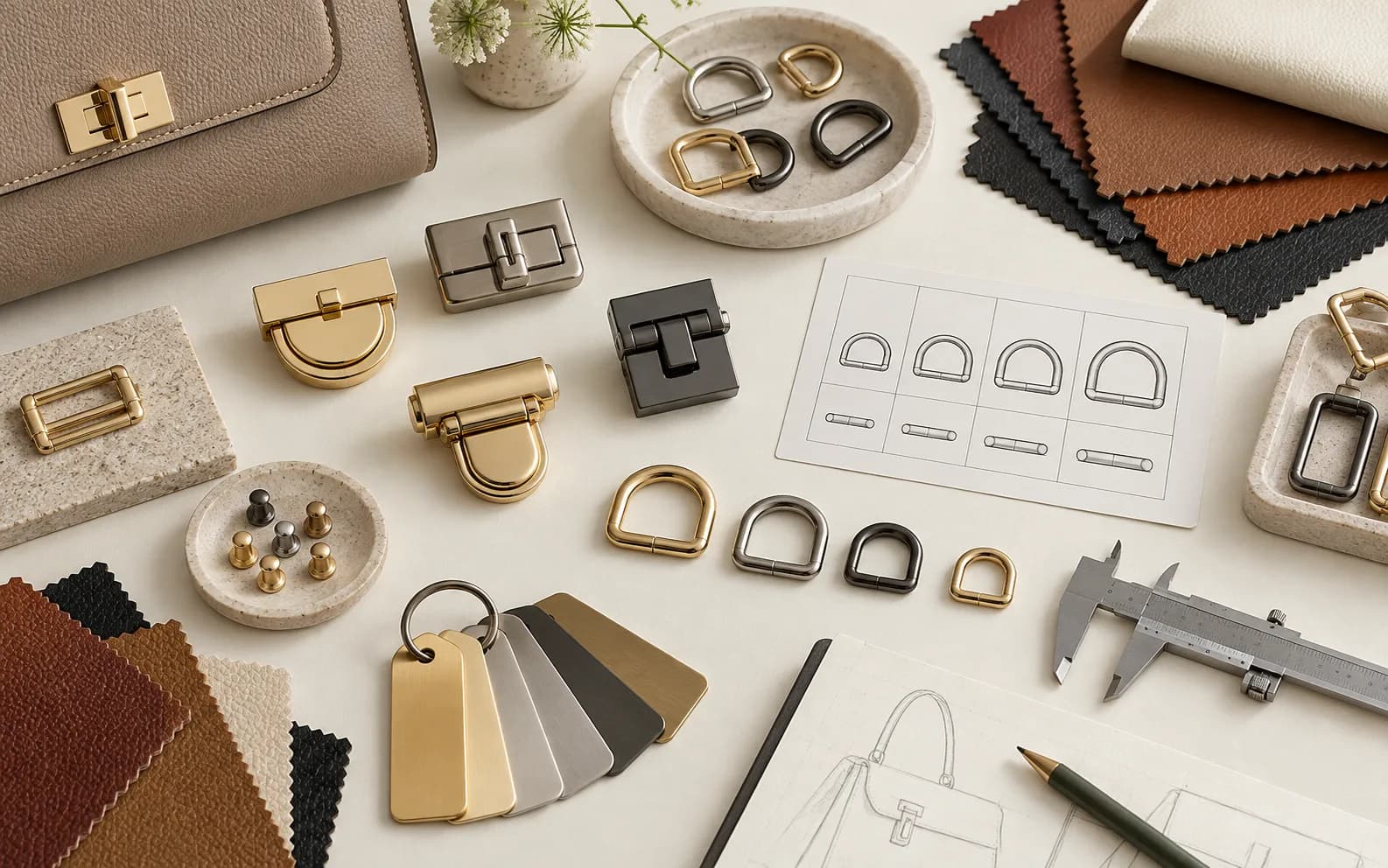 Bag hardware selection board with samples, leather swatches and measuring tools