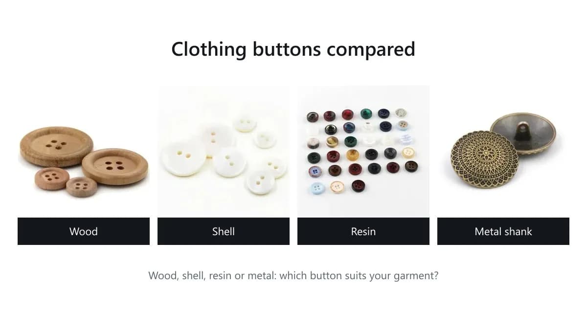Four types of clothing buttons side by side: natural wood, mother-of-pearl shell, resin and metal shank buttons