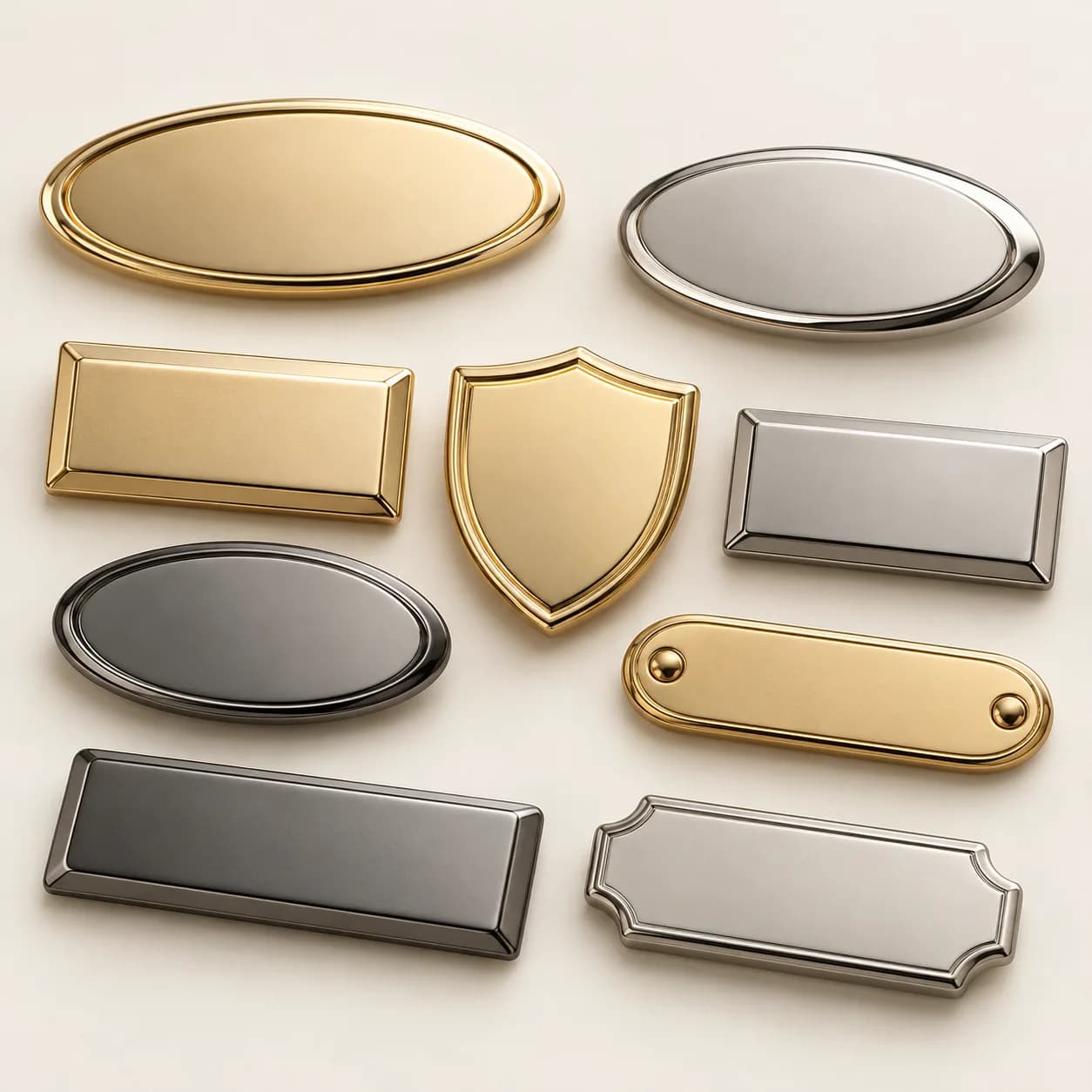 Unbranded three-dimensional zinc alloy logo labels and metal plates in gold, silver and gunmetal