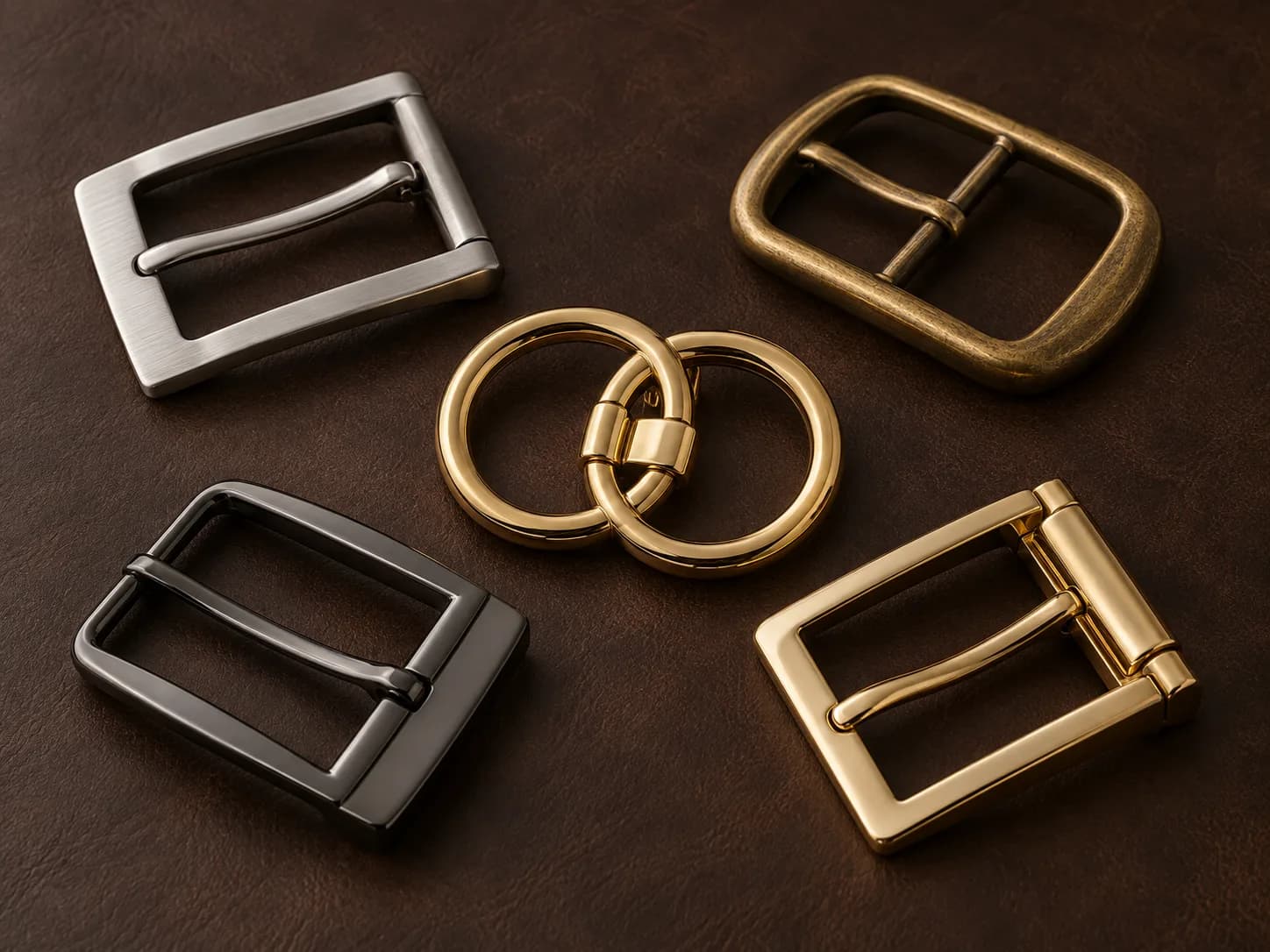 Illustrative collection image of unbranded metal belt buckles in varied finishes