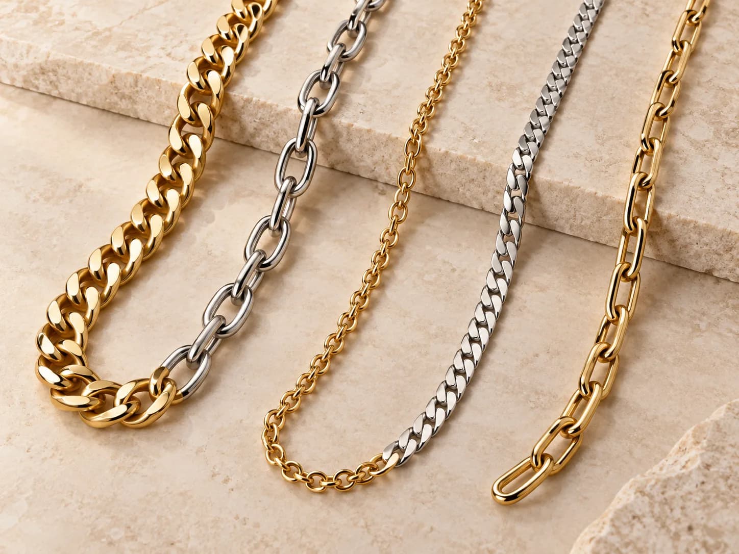 Illustrative collection image of gold and silver handbag chains in varied link profiles