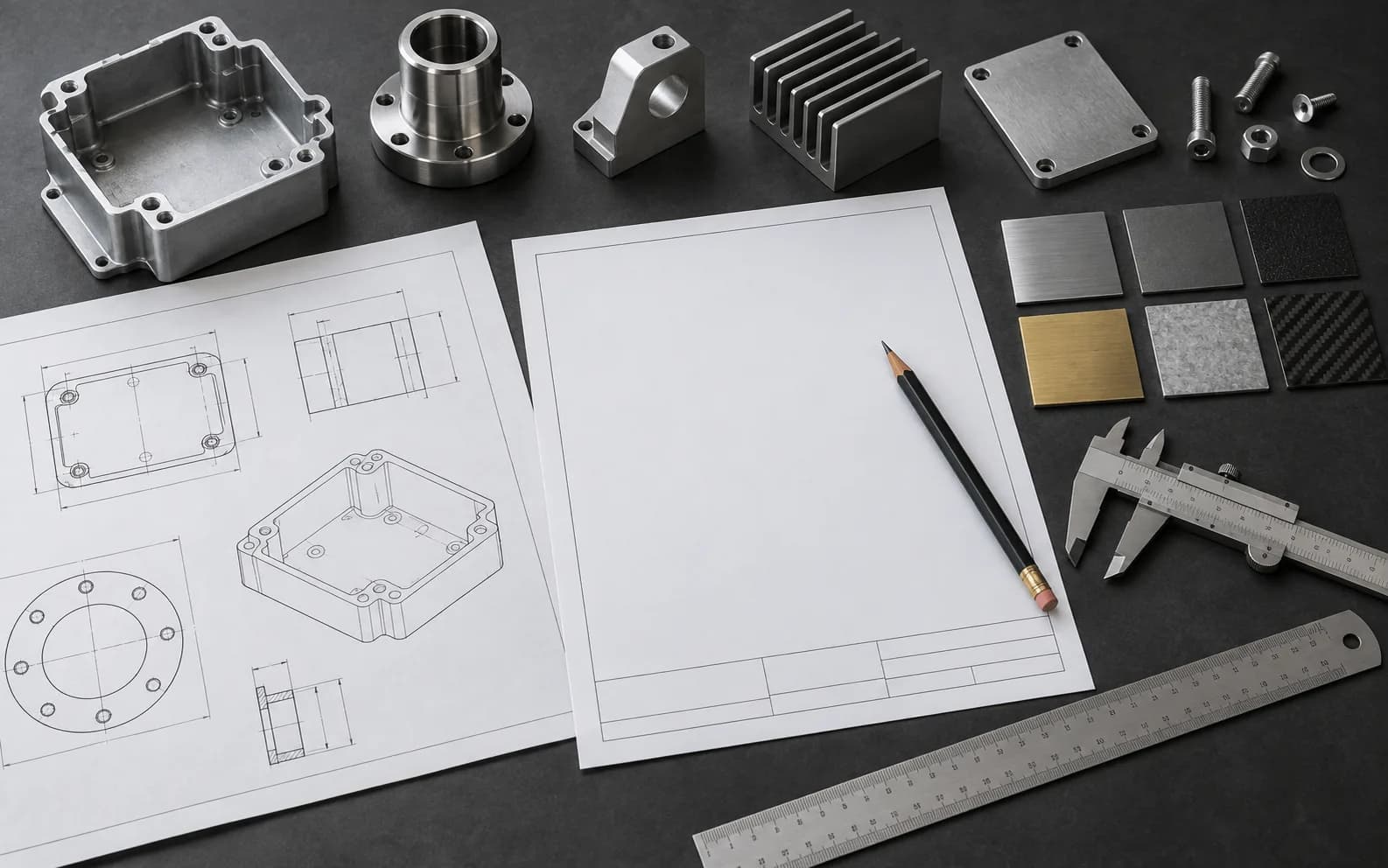 Custom hardware RFQ preparation with drawings, material samples and measuring tools