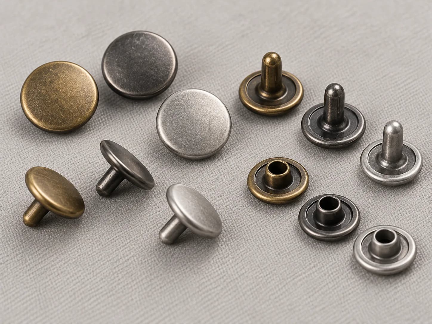 Illustrative collection image of plain metal jeans rivets in antique brass, gunmetal and silver finishes