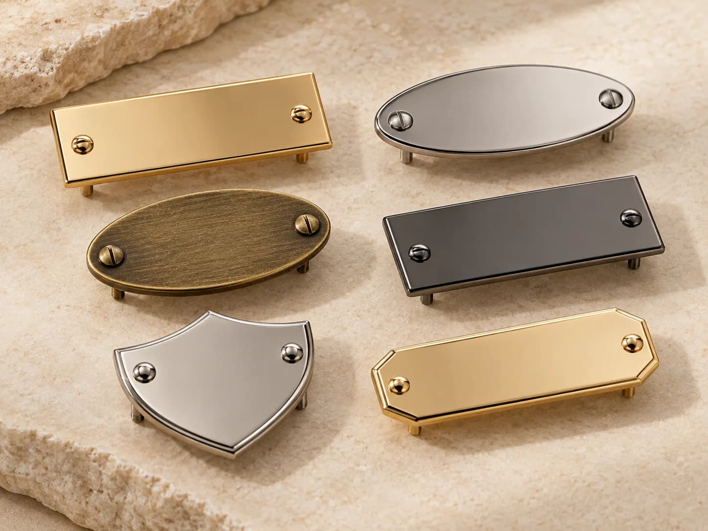 Illustrative collection image of blank unbranded metal logo plates for bags and leather goods