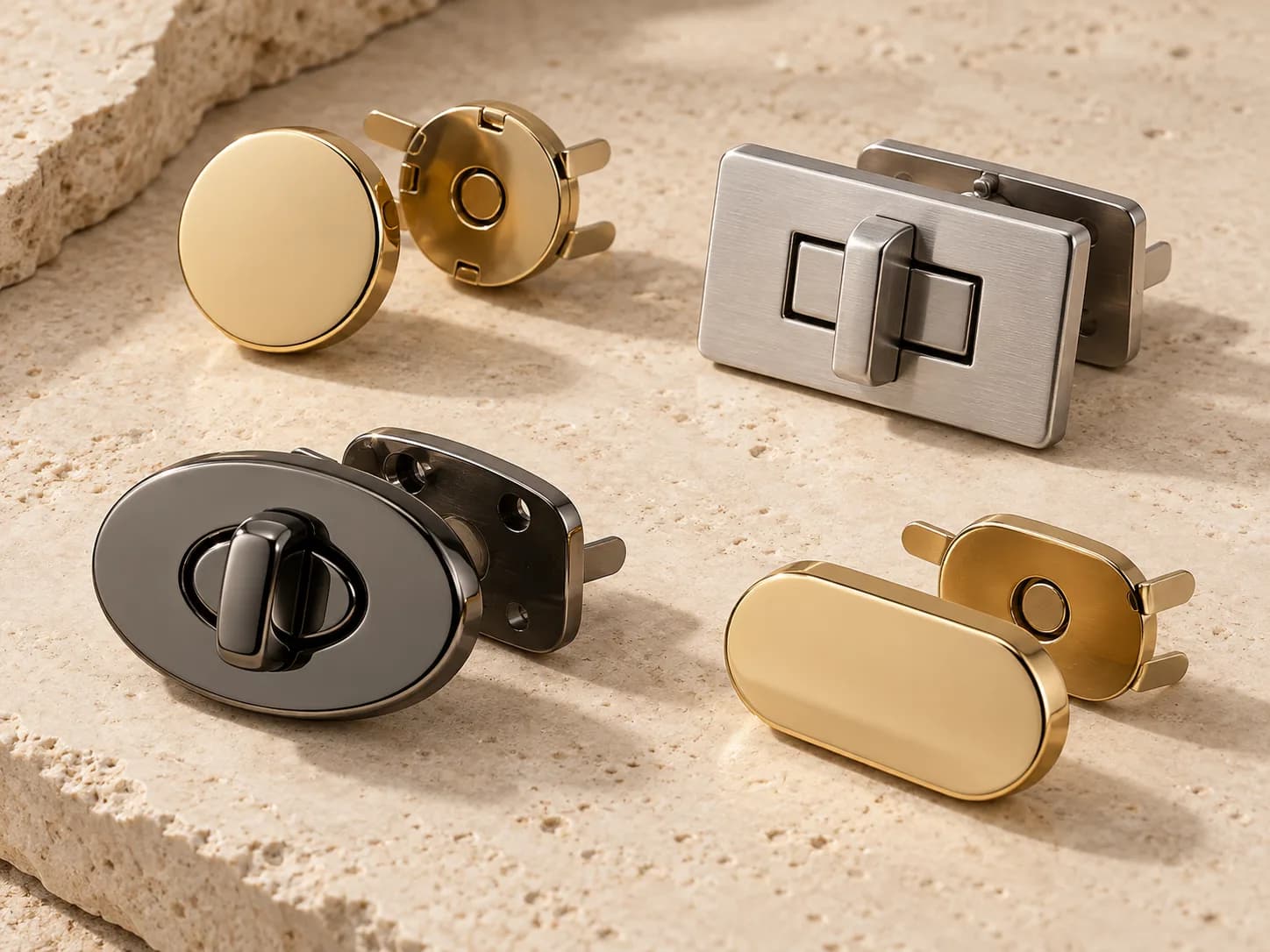 Illustrative collection image of unbranded magnetic bag clasps and turn locks