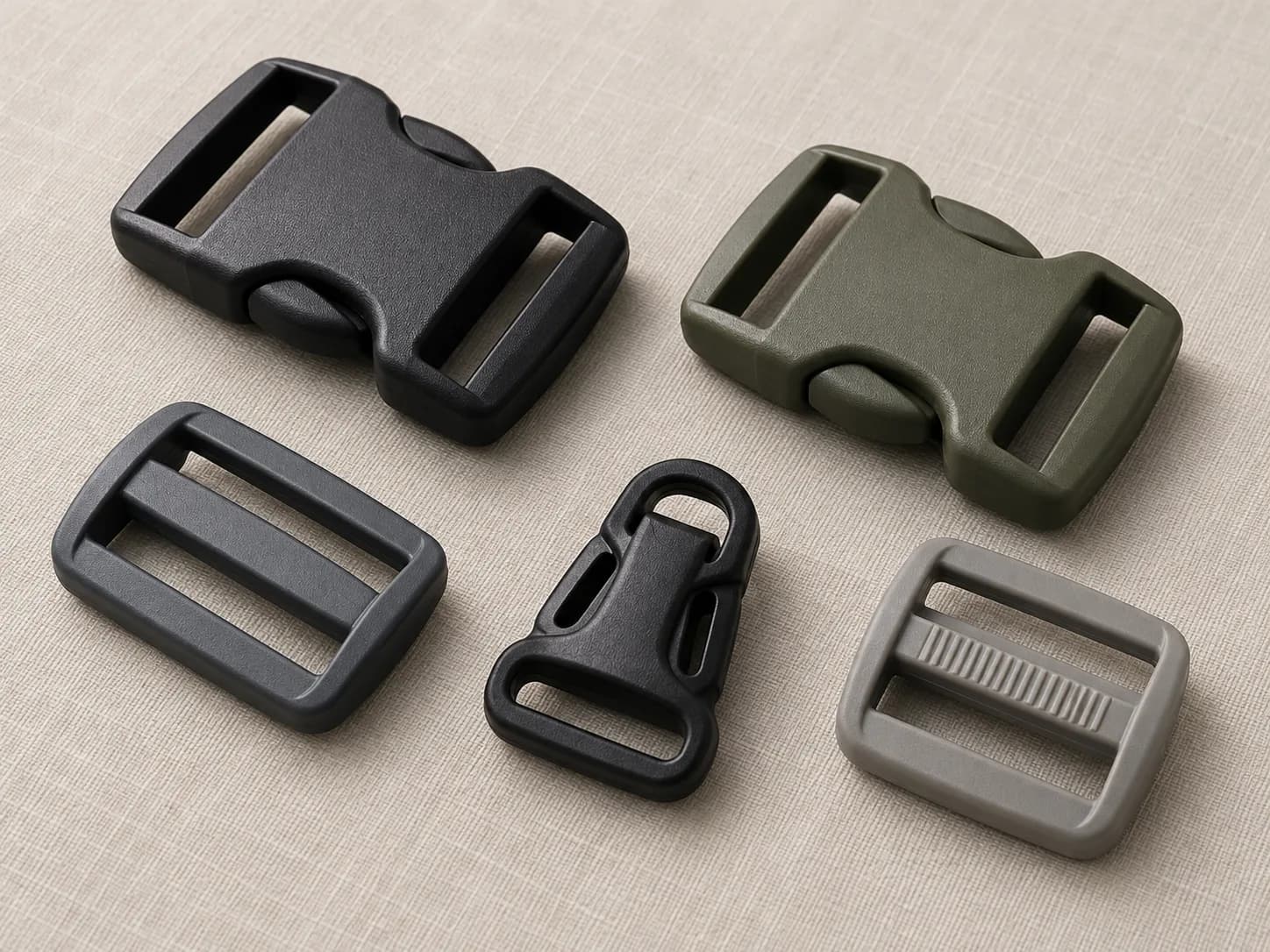 Illustrative collection image of unbranded plastic buckles and webbing adjusters