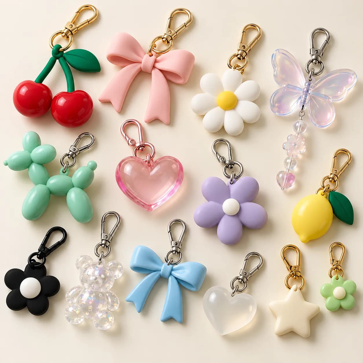 Custom PVC and silicone bag charms arranged on an off-white studio background