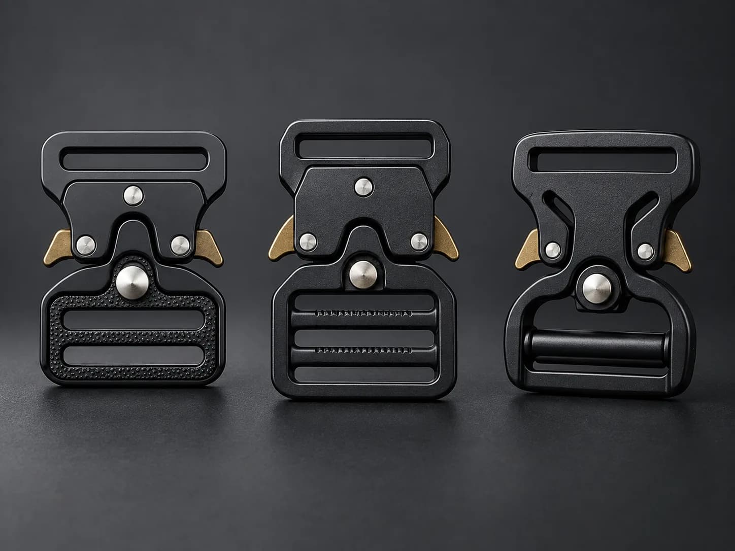 Illustrative collection image of unbranded black quick-release buckles for webbing applications