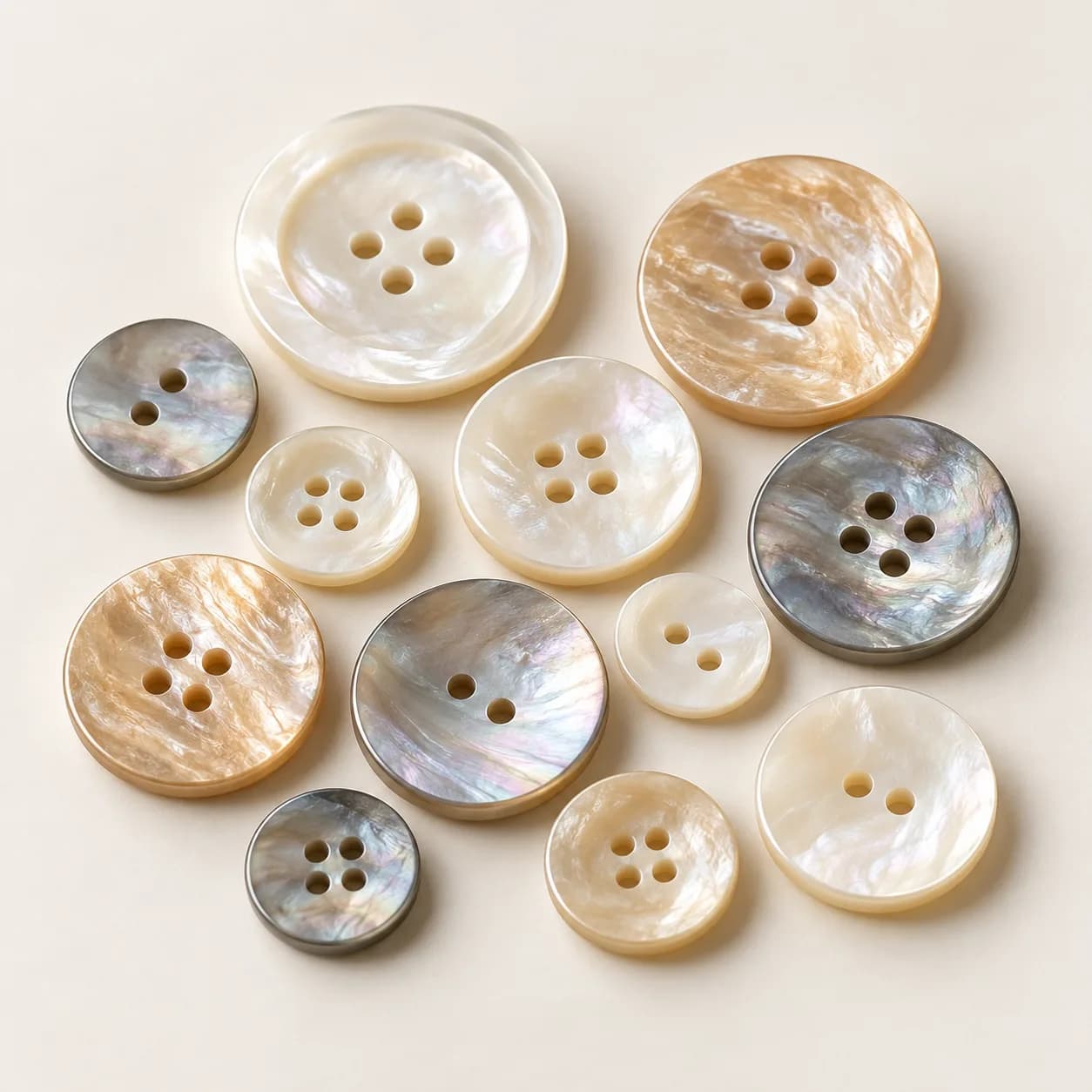 Mother-of-pearl shell apparel buttons in ivory, champagne and grey tones