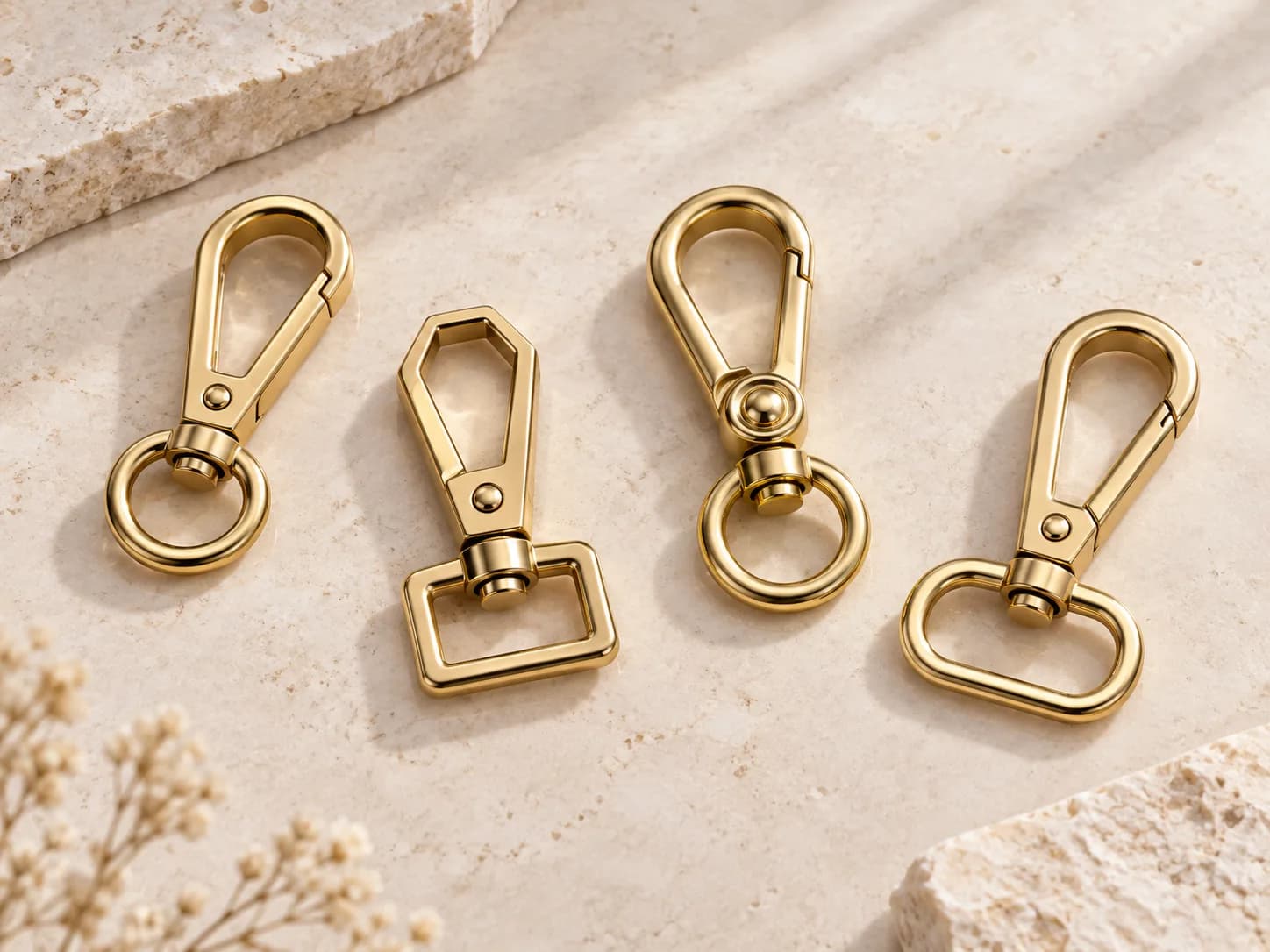 Illustrative collection image of gold-tone swivel snap hooks with attachment rings