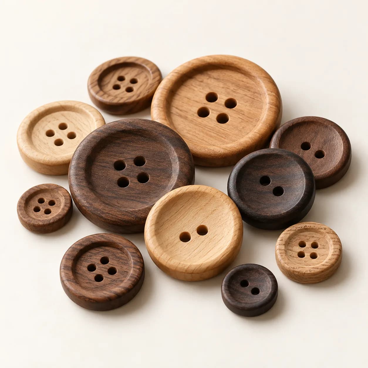 Natural wooden two-hole and four-hole apparel buttons on an off-white studio background