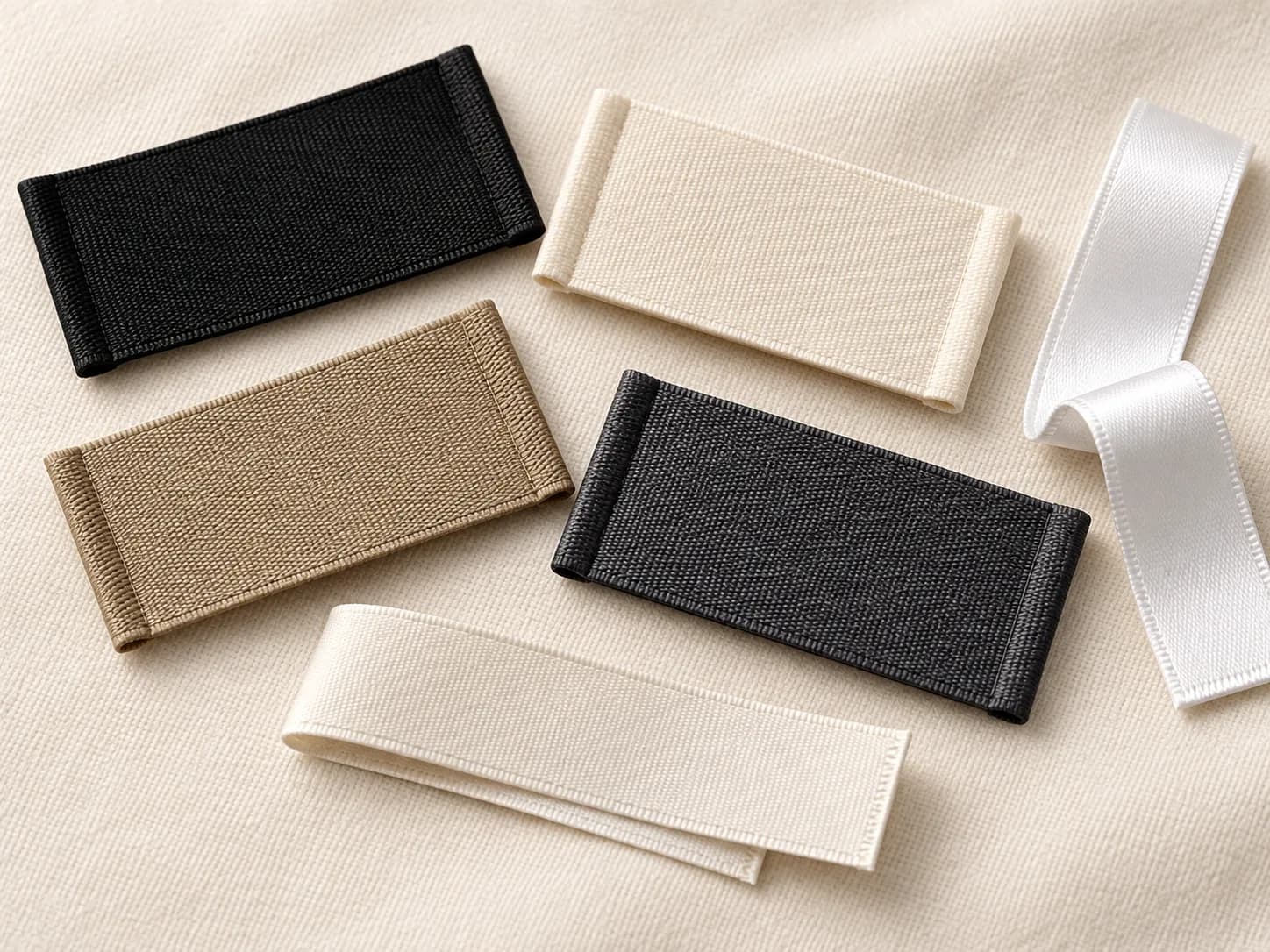 Illustrative collection image of plain woven garment labels in black, cream and sand colors