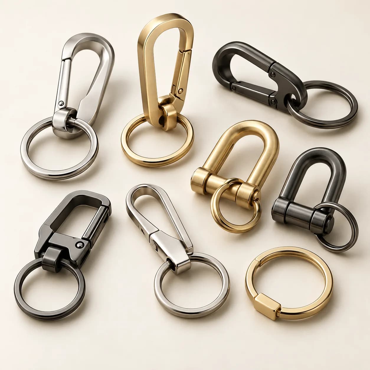 Zinc alloy keychains and spring U hooks in gold, silver and gunmetal finishes