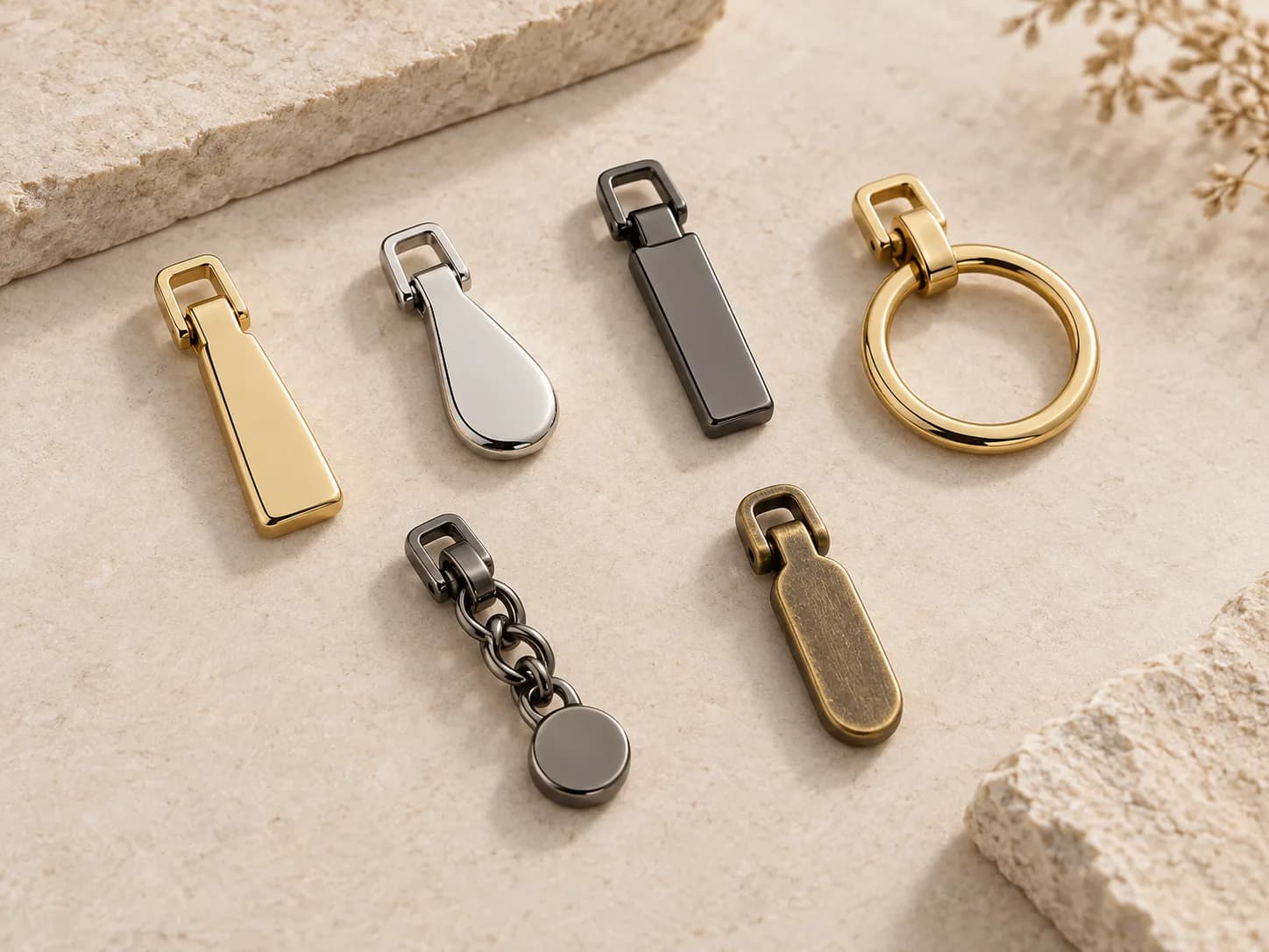 Illustrative collection image of unbranded metal zipper pulls in varied finishes