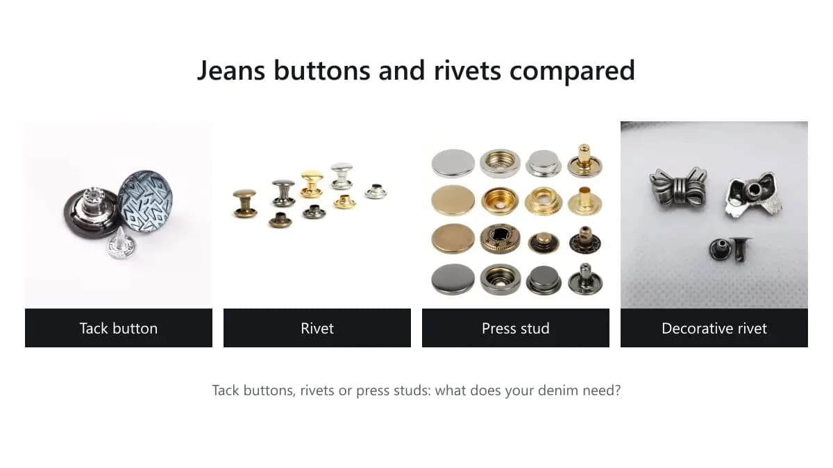 Denim hardware side by side: a jeans tack button, brass rivets, four-part press studs and a decorative rivet