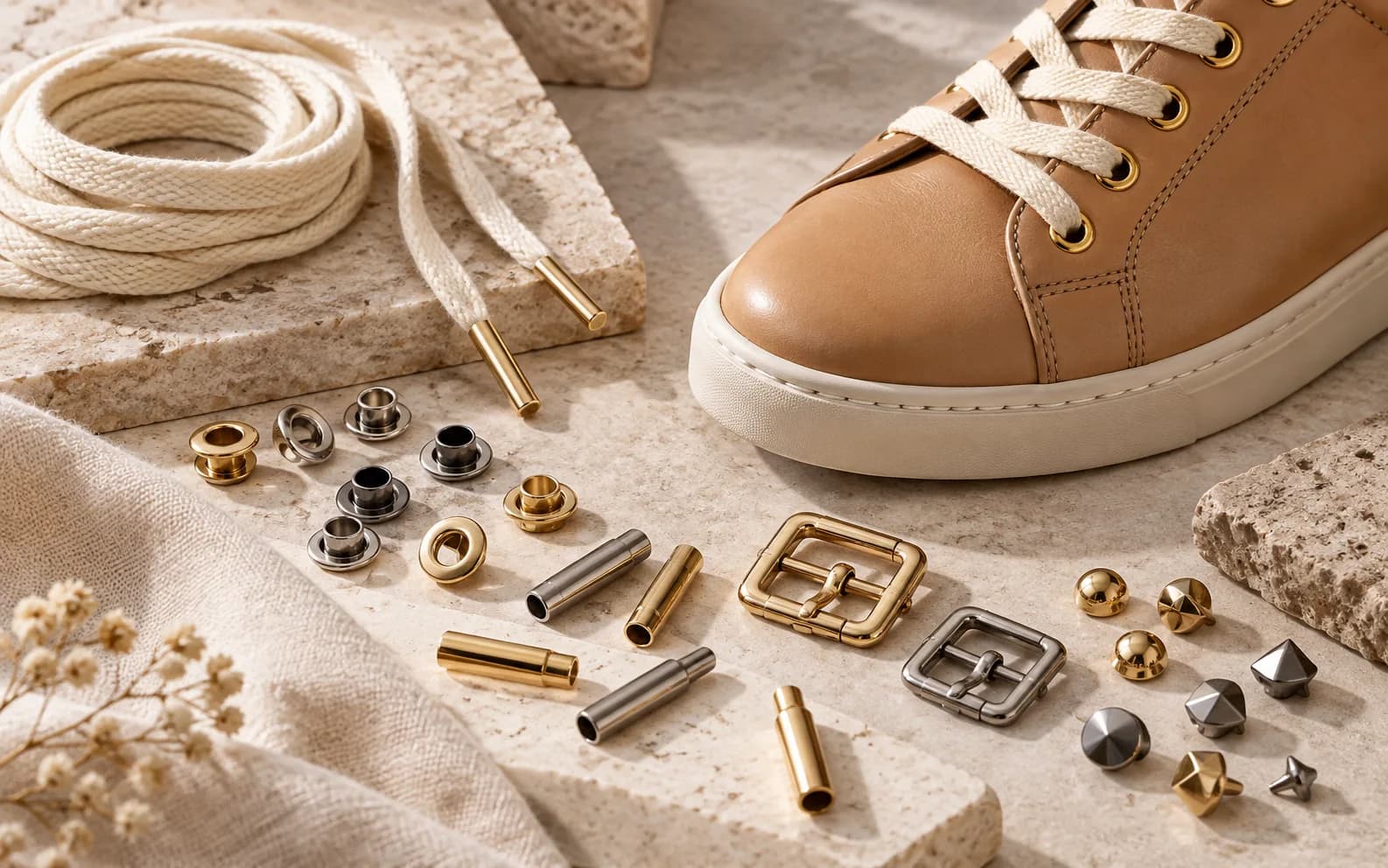 Footwear hardware with eyelets, lace tips, buckles and decorative studs