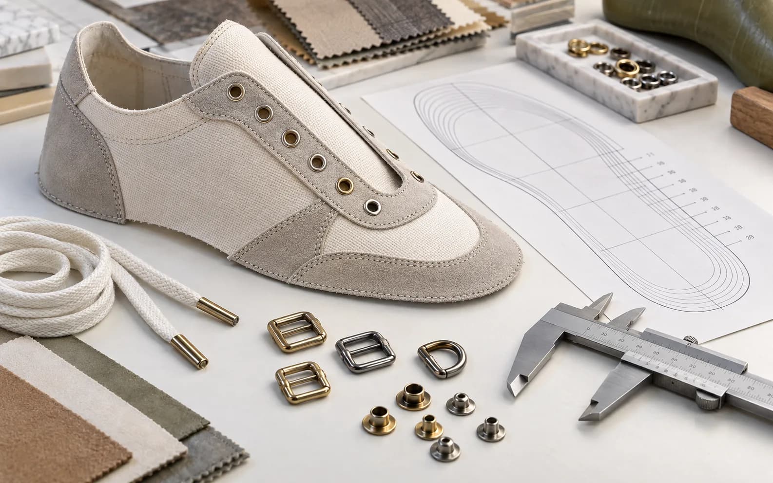 Footwear hardware development board with shoe upper, eyelets and measuring tools