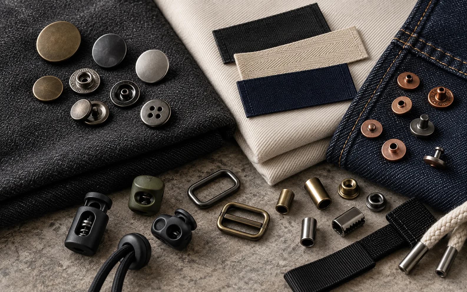 Garment trims with buttons, rivets, labels and cord stoppers on fabric