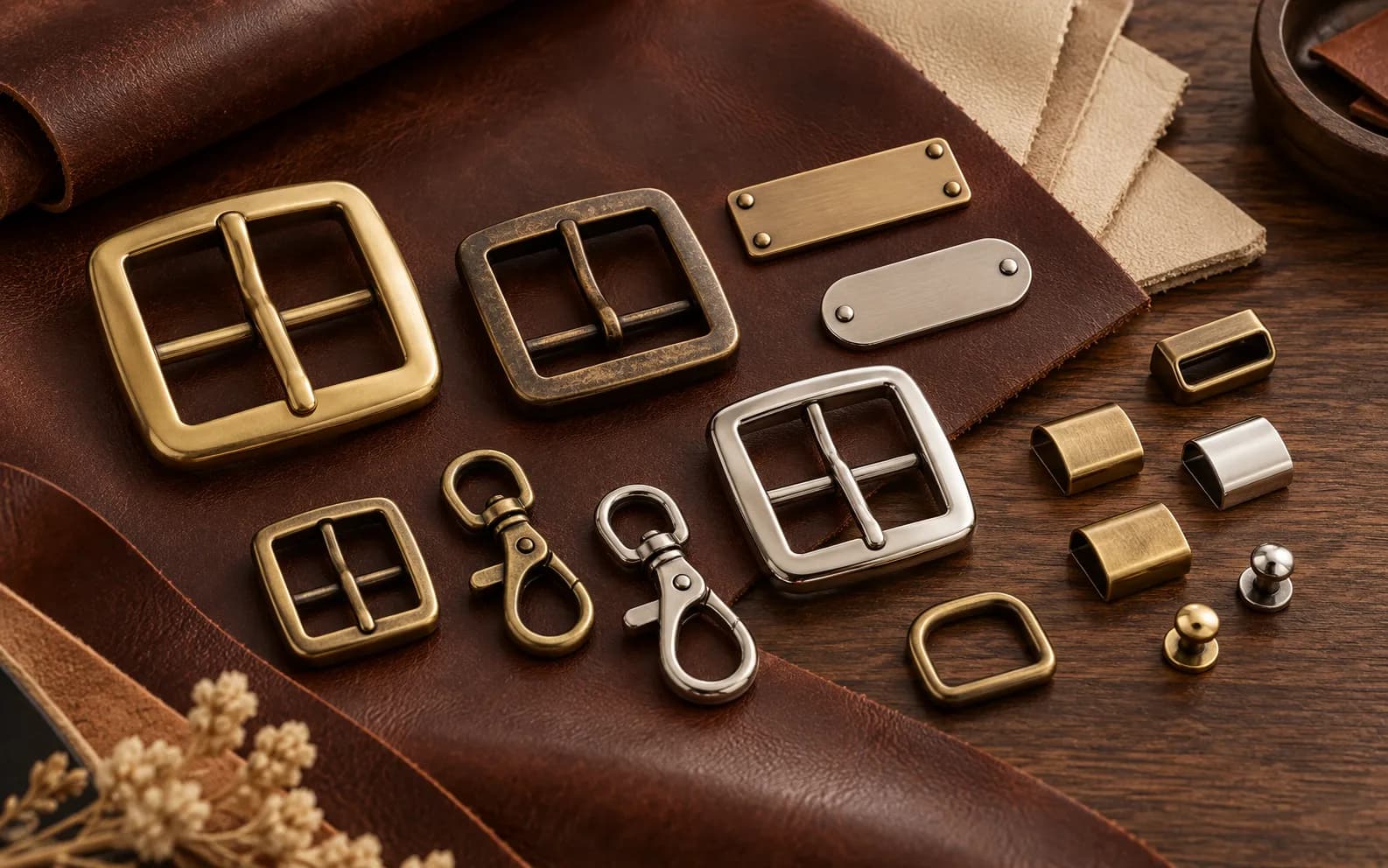 Leather goods hardware with belt buckles, logo plates and closures