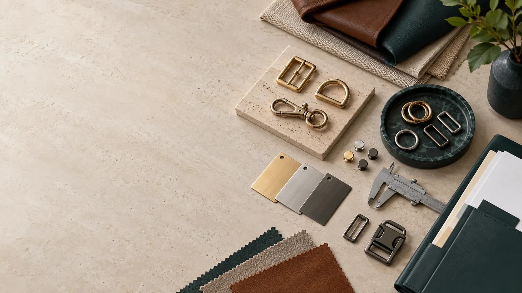 Metal hardware samples, finish swatches and measuring tool on a product development table