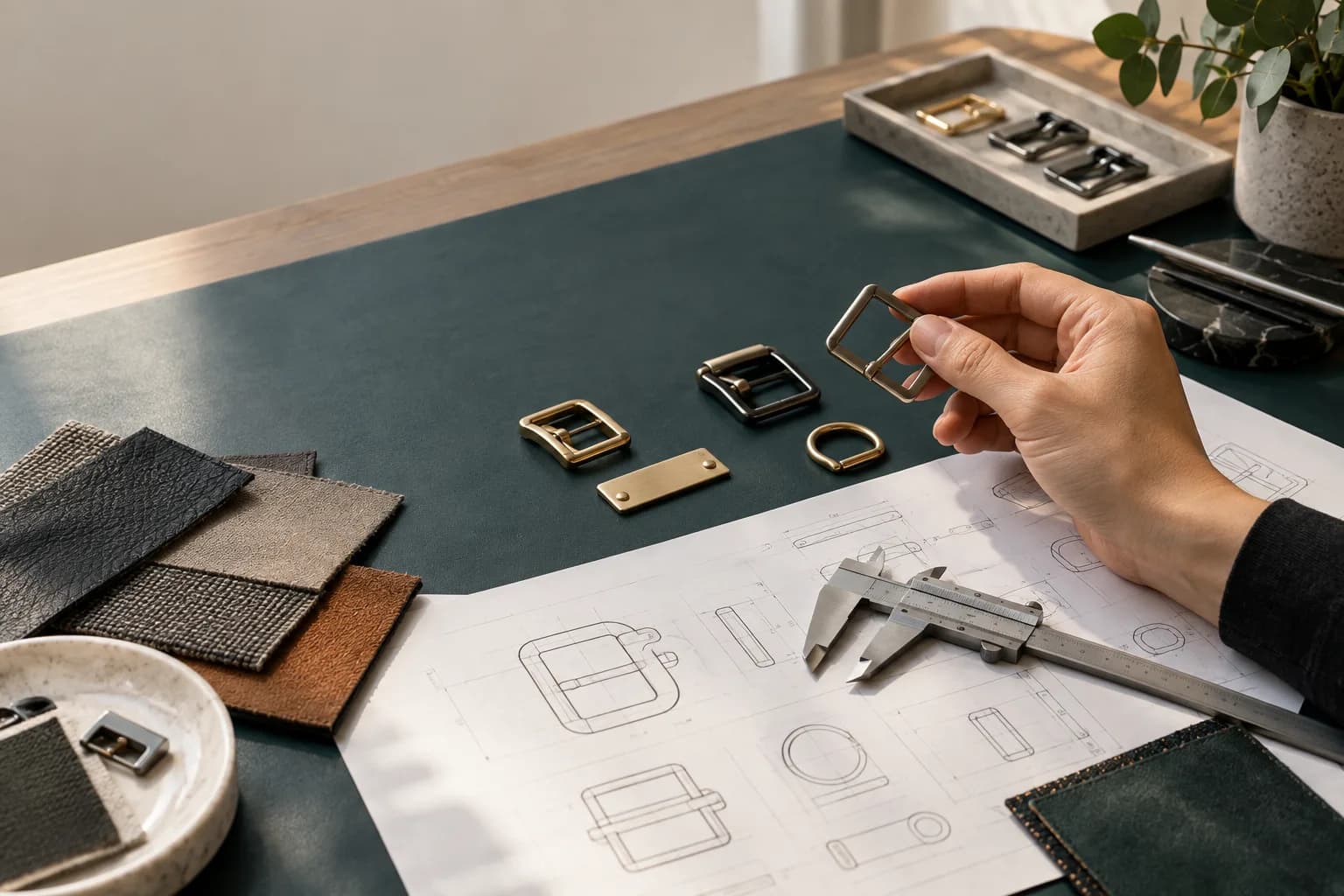 Custom hardware development worktable with sample buckle, drawings and finish references