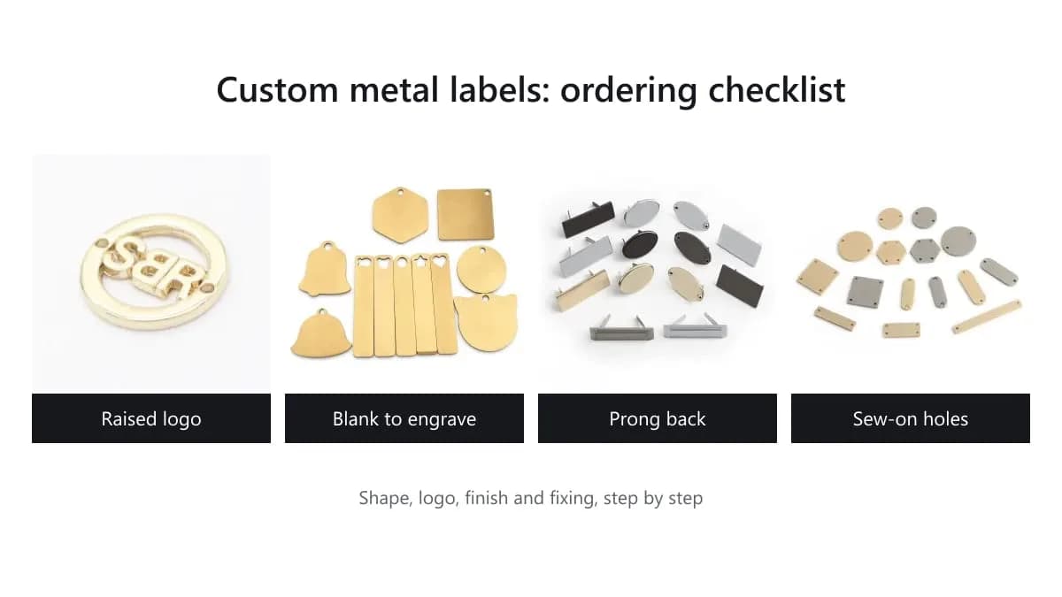 Custom metal labels: a raised-logo label, brass blanks for engraving, prong-back plates and sew-on shapes