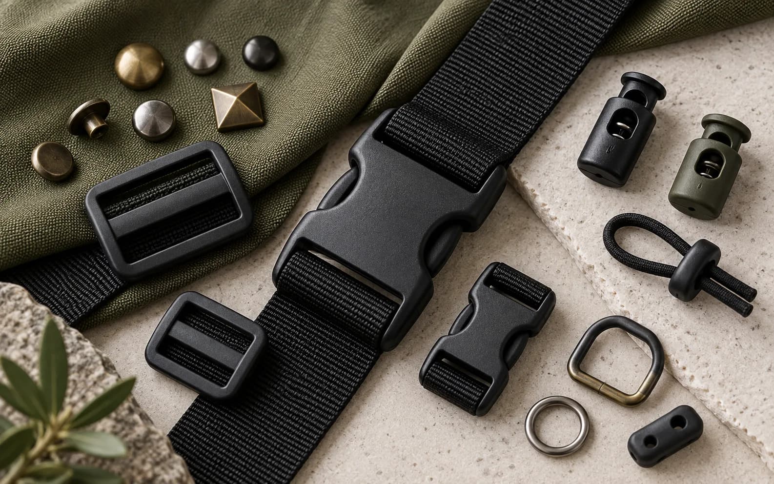 Plastic webbing buckles, adjusters and decorative fashion accessories