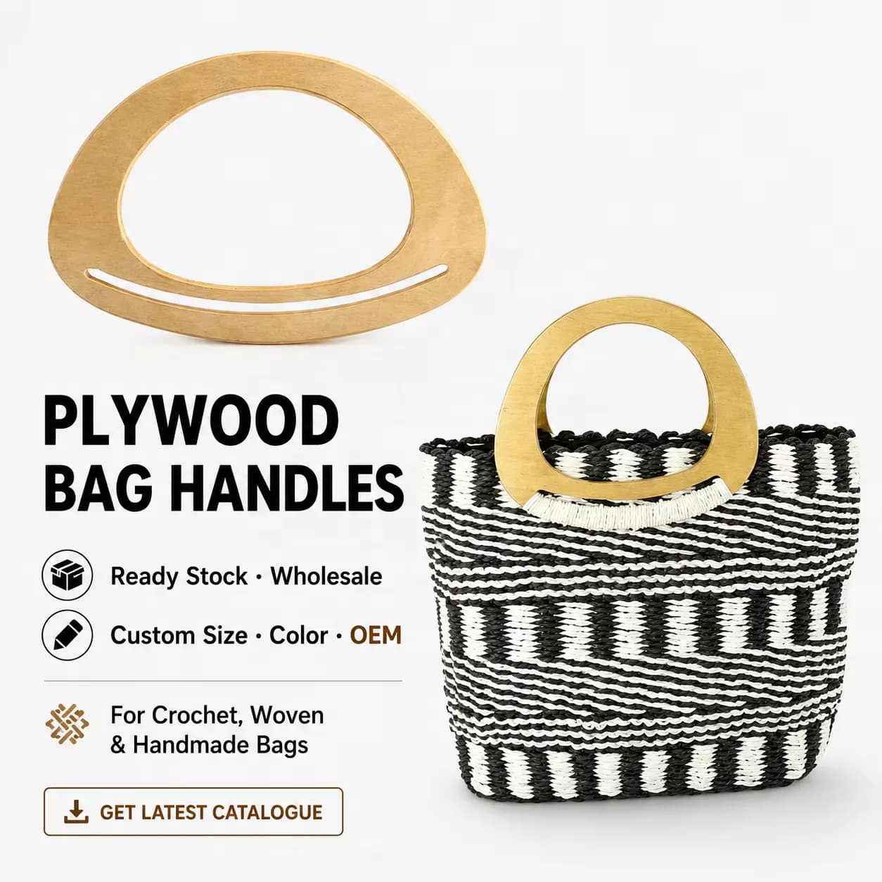 Round D-Ring Purse Frame with Plywood Handles for DIY Woven Tote Bags, Women's, front view