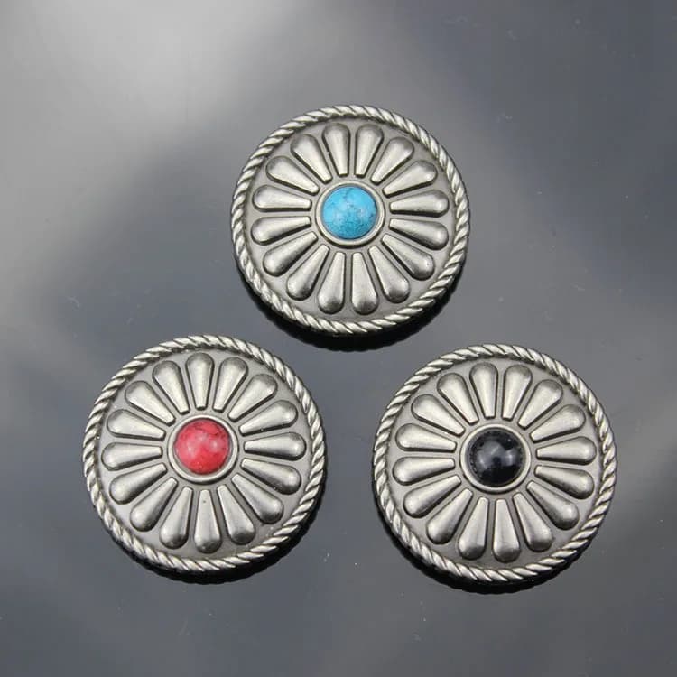 Flower Turquoise Conchos Silver Plated Casting Coin Button With Screw Back, front view