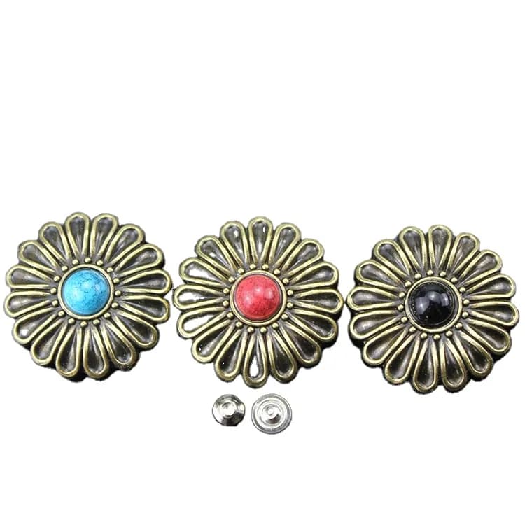 Antique Brass Flower Coin Conchos With, front view