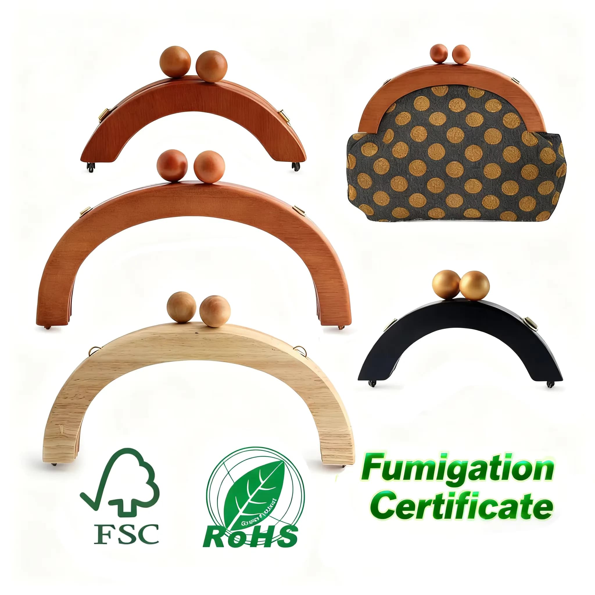 Fashion Solid Wood Arched Natural Bag Handle Accessories DIY Pure Frame, front view