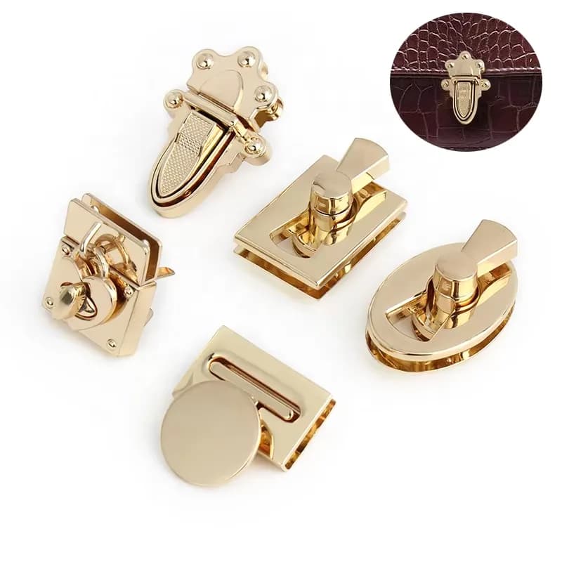 Gold Metal Accessories Handbag Zinc Alloy Twist Turn Buck Lock Hardware Locking, front view
