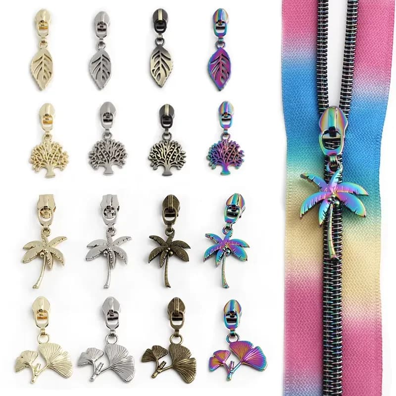 5# Nylon Teeth Metal Zipper Sliders Creative Pattern Zipper Head Tree/Leaf Shape, front view