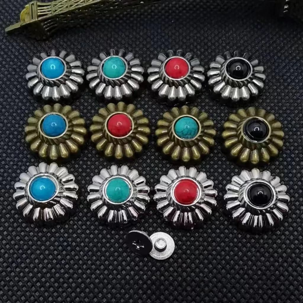Flower Turquoise Conchos Silver Plated Casting Button With Screw Back, front view