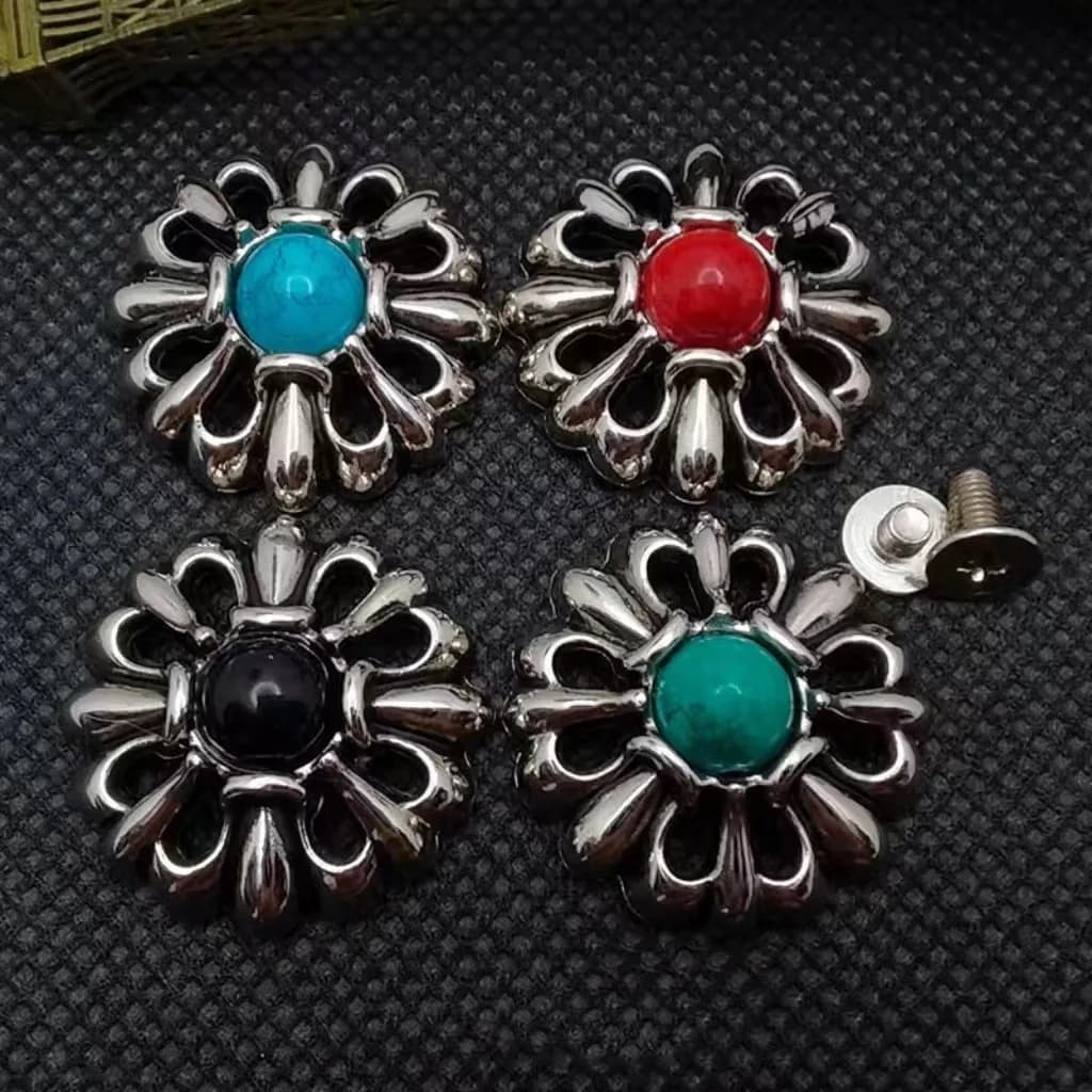 Flower Turquoise Conchos Screw Bullet Rivet Spike Studs Spots DIY Rock Punk, front view