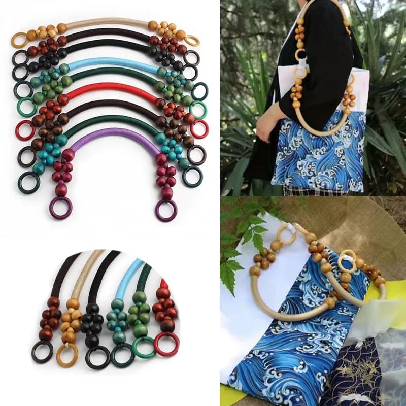 Custom Natural Wood Bead Handles - Wooden Beaded Handles for Handbags, DIY Purse, front view