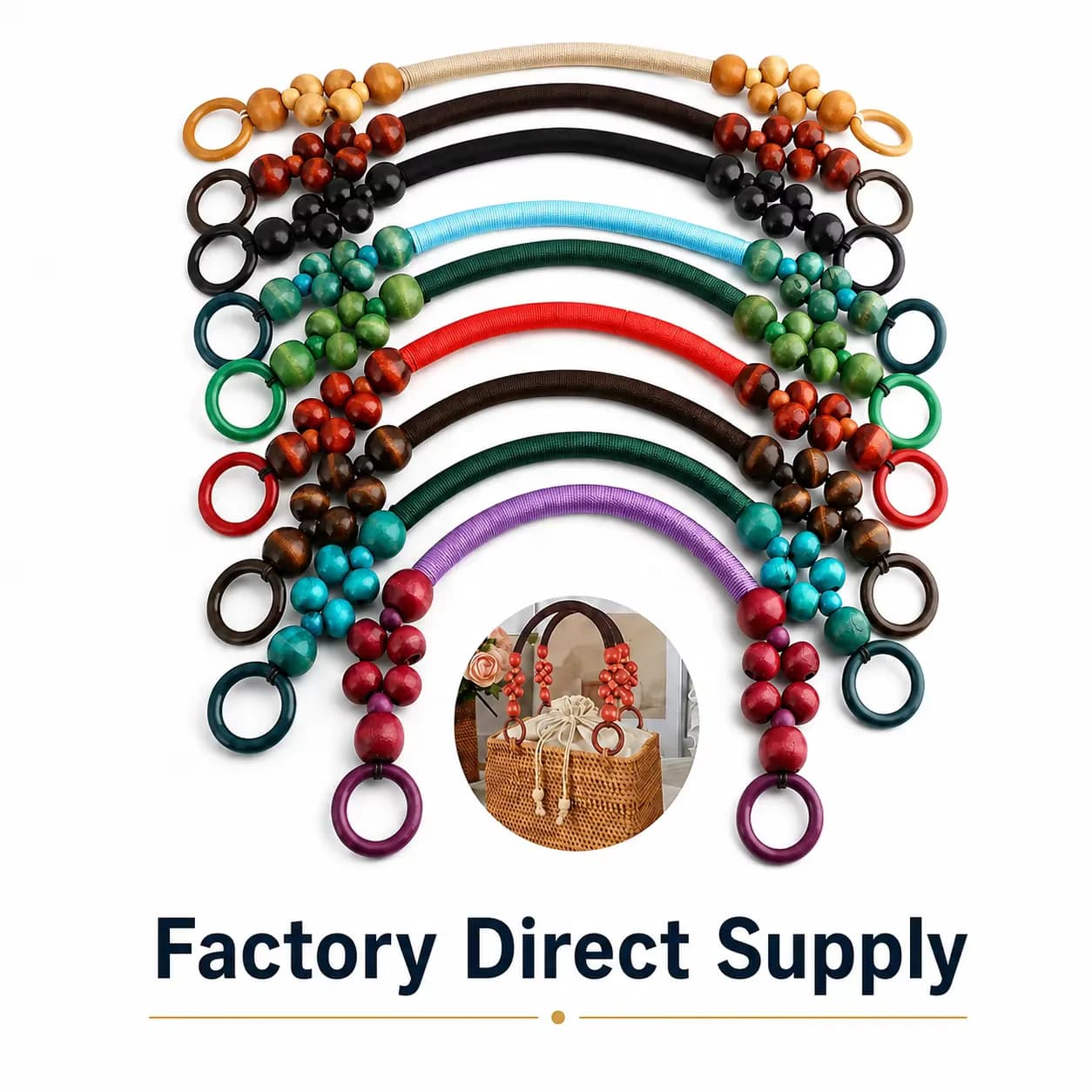 In Large Stock Colorful 48cm Wooden Beaded Bag Handles U-Shape Nylon Rope Purse, front view