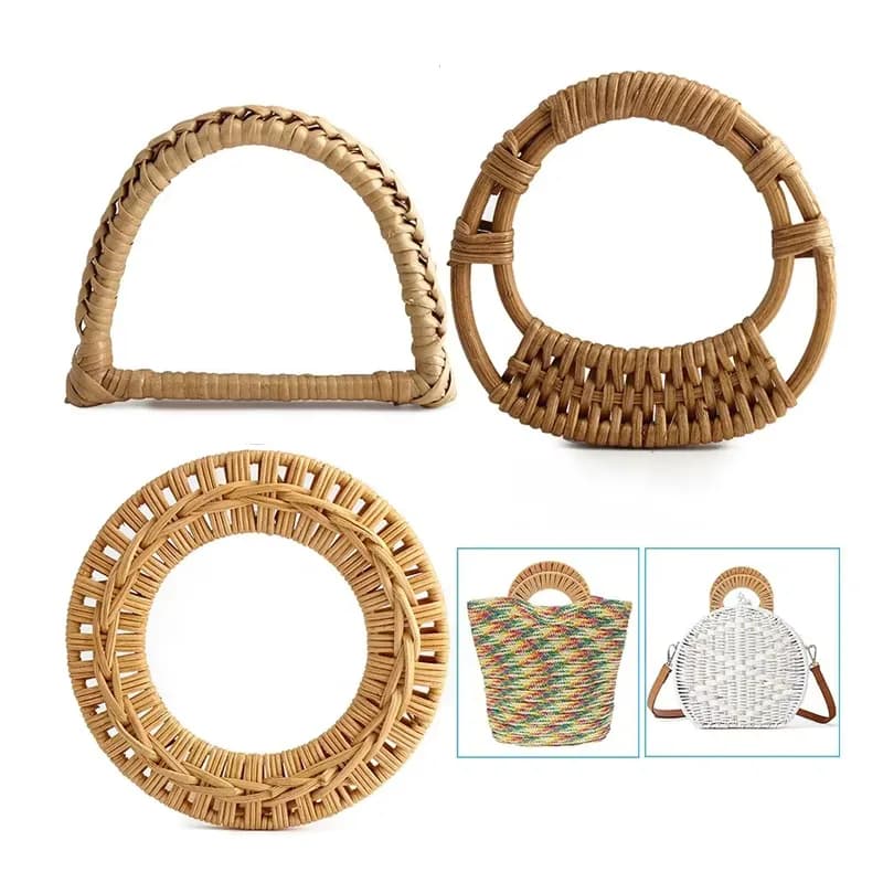Handwoven Rattan Bag Handle - Natural Wood Woven Purse Frame for Crochet Bag, front view