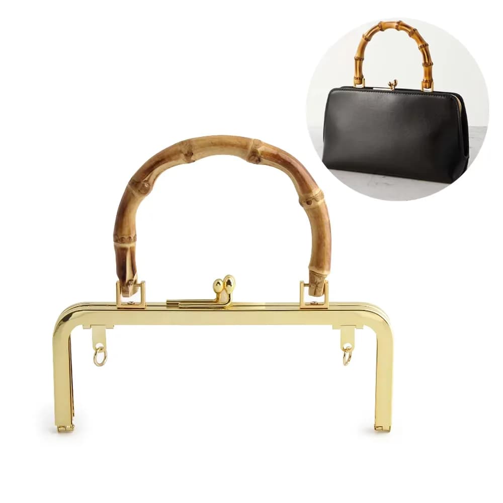 20/25cm Bamboo Kiss Lock Bag Frame - Retro Style Clasp with Wooden Handle, front view
