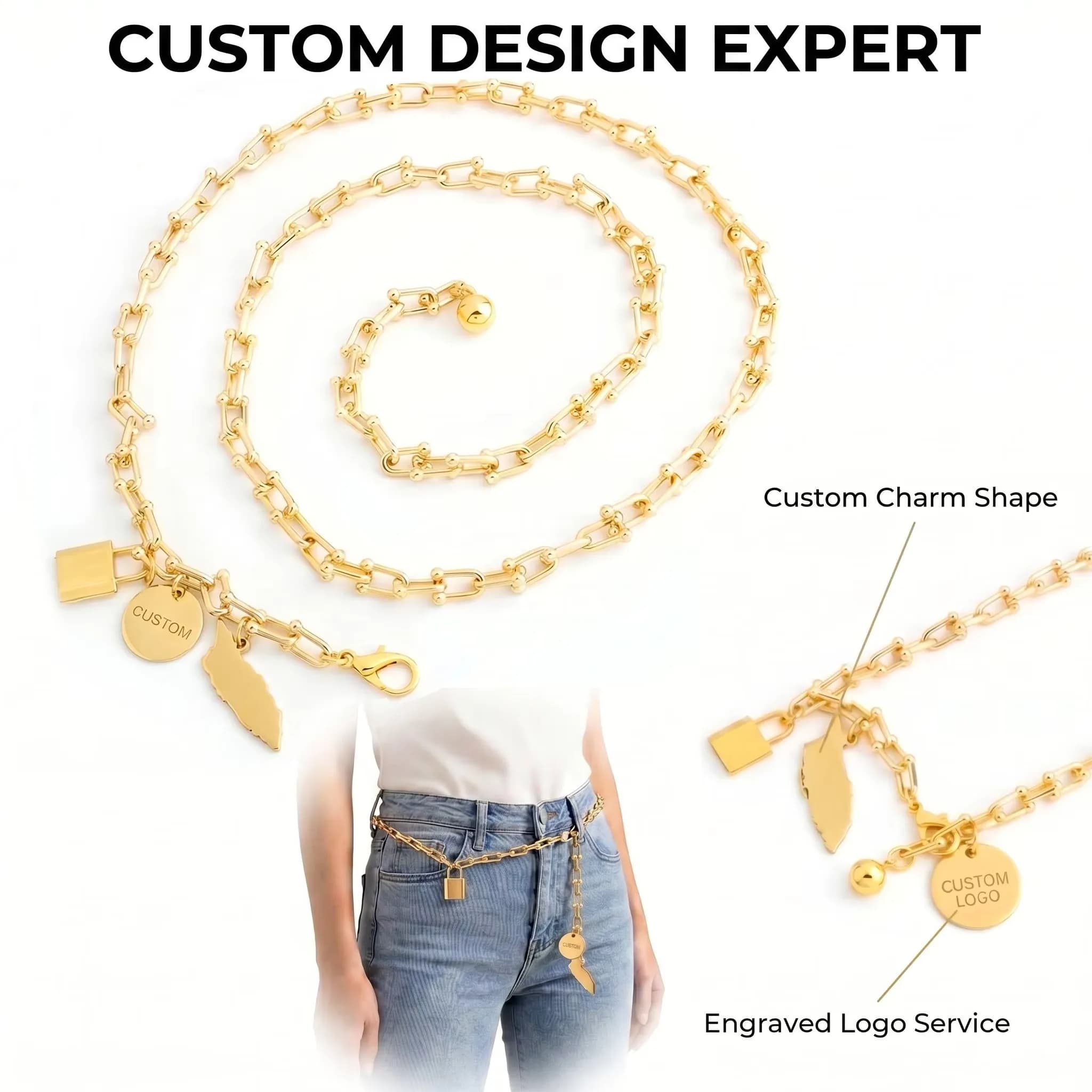 Custom Gold Plated Zinc Alloy Strong Safety Heavy Duty Adjustable Ladies Waist, front view