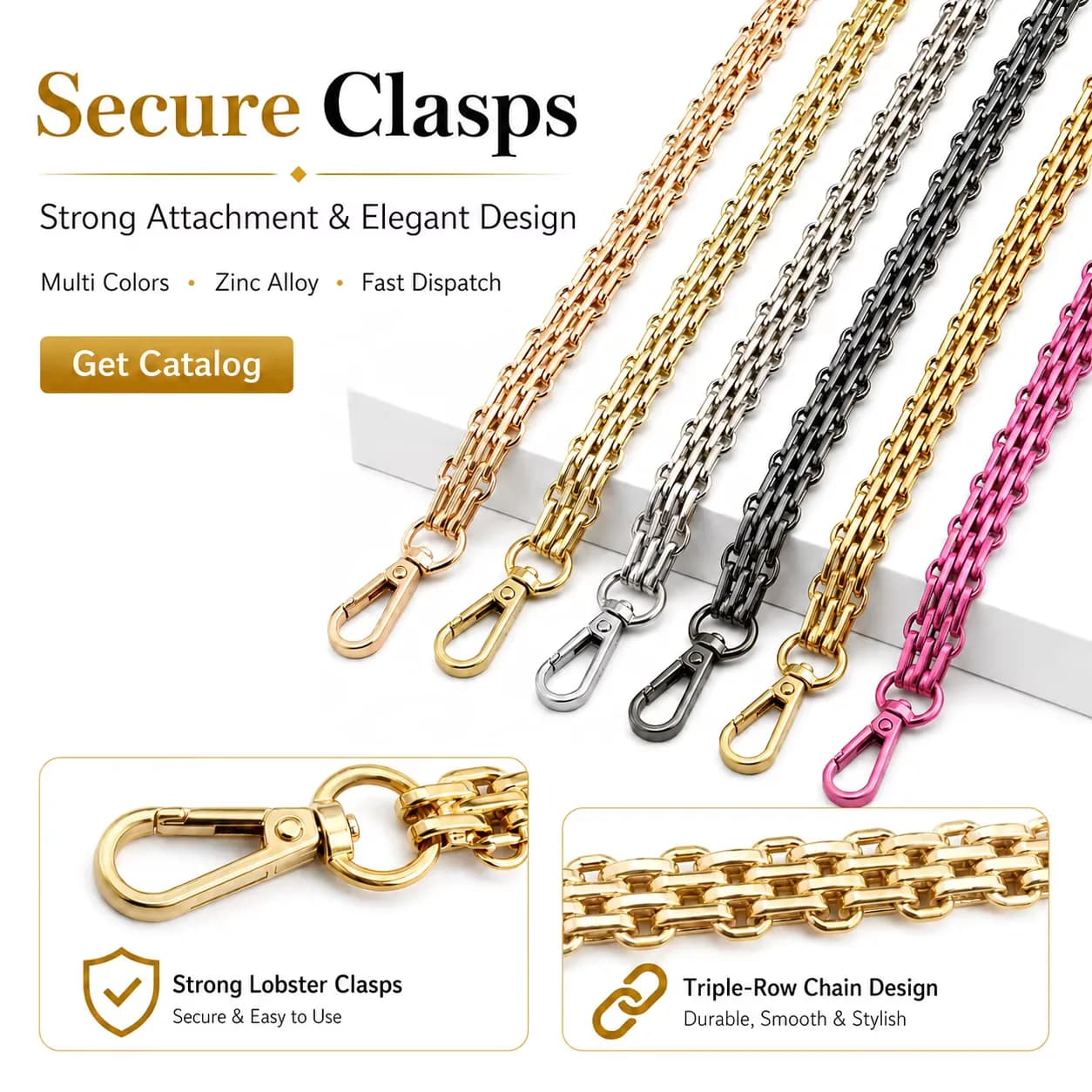 30-130cm HandBag Chain with Buckles Custom Thick Metal Purse Chain Hanging, front view