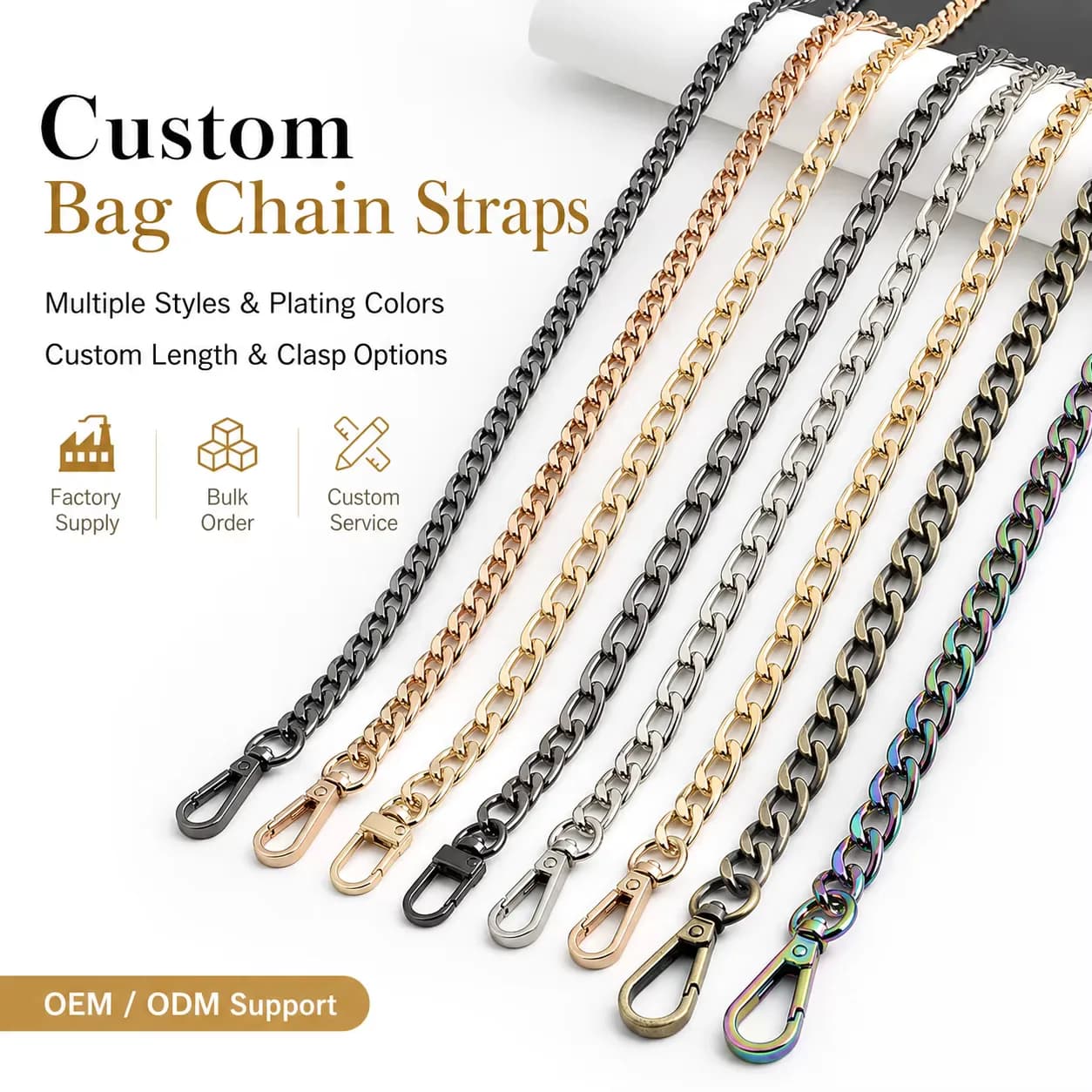 Flat Women Alloy Bag Chain Purse Parts Hardware Long Handbag Shoulder Straps, front view