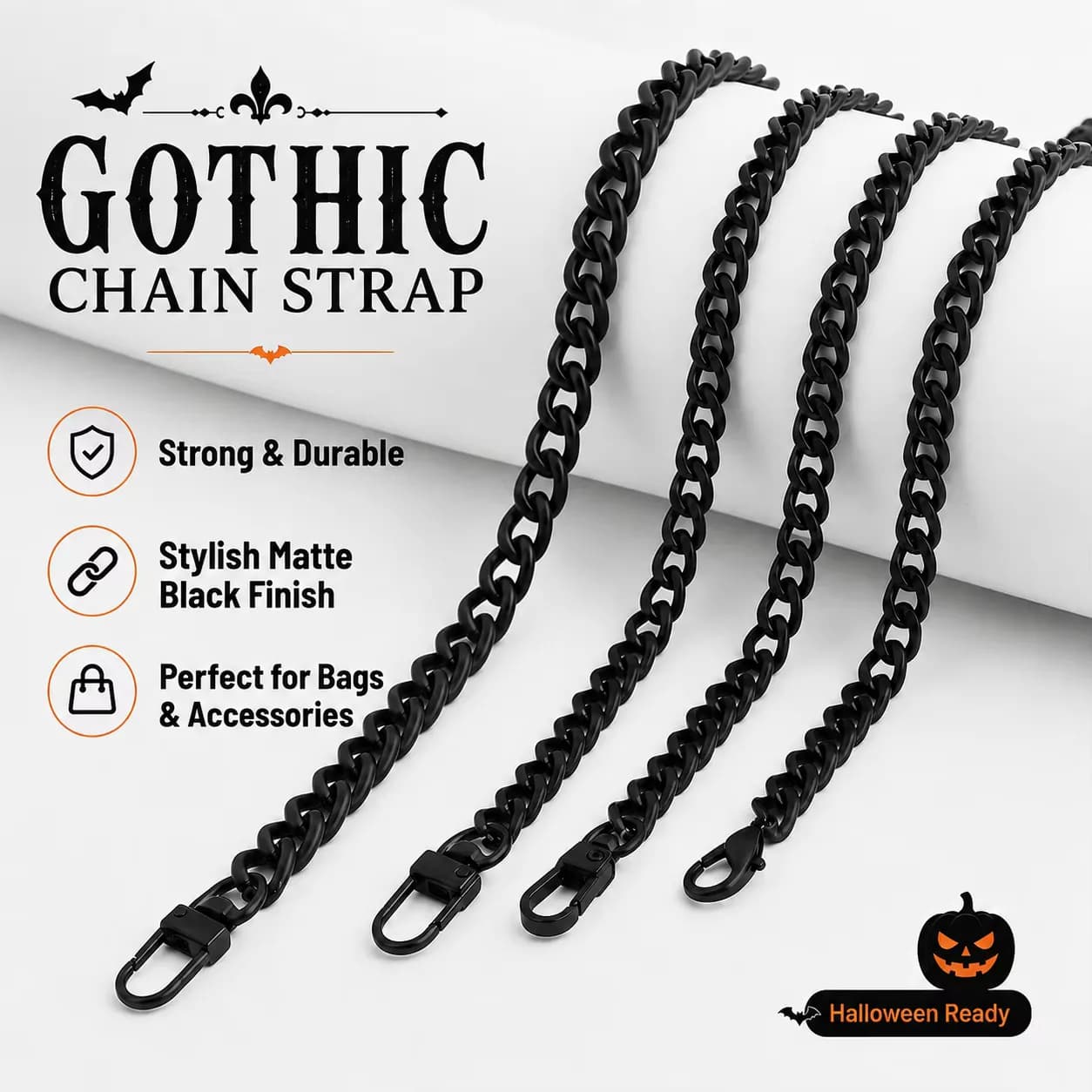 Gothic Black Aluminum Halloween Bag Chain Metal Plain Belt Long Strap, front view